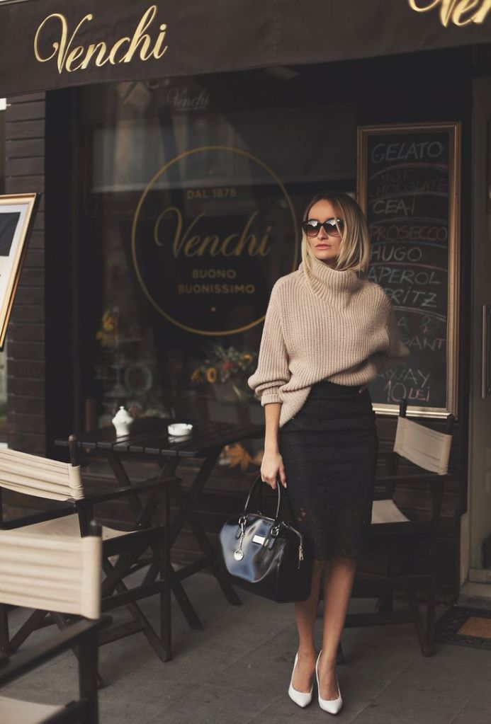 Camel Sweater and Black Pencil Skirt